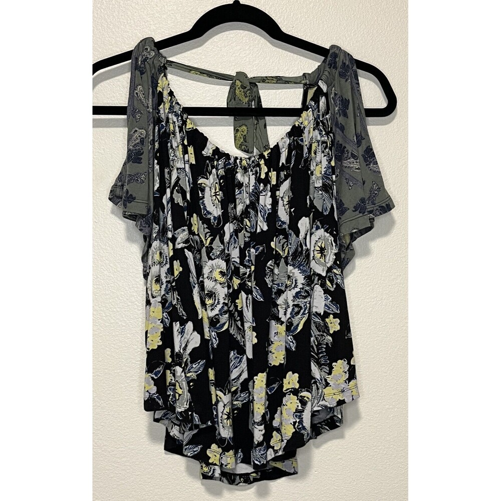 Free People Baja Babe Cold Shoulder Top Size Small Black Floral Tie Back Boho